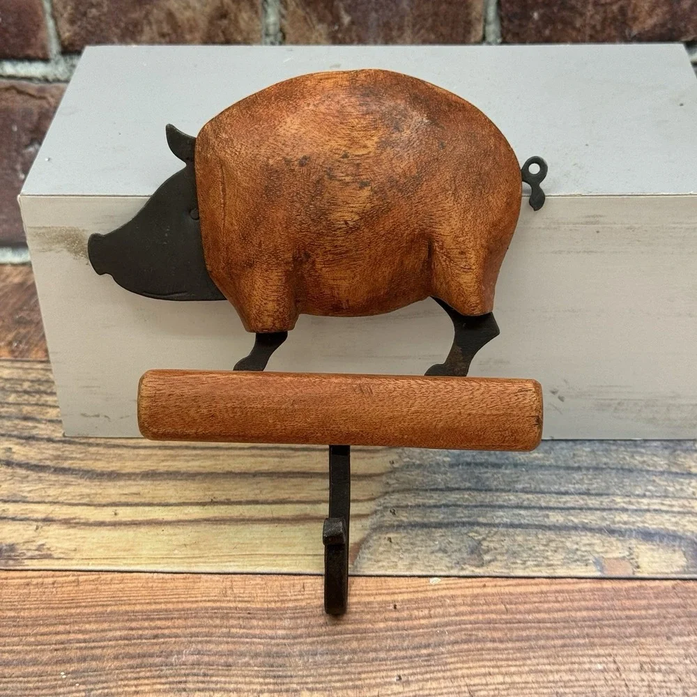 Vintage Rustic Pig Wall Hook Wood Wrought Iron Pier 1 Farmhouse Kitchen